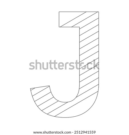 The letter J filled with diagonal stripes that run from the top left to the bottom right corner. Kindergarten letter worksheets, coloring the letter J, with various colors as you wish.