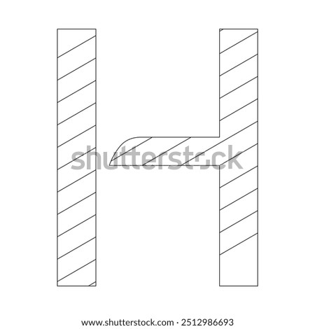 The letter H filled with diagonal stripes that run from the top left to the bottom right corner. Kindergarten letter worksheets, coloring the letter H, with various colors as you wish.