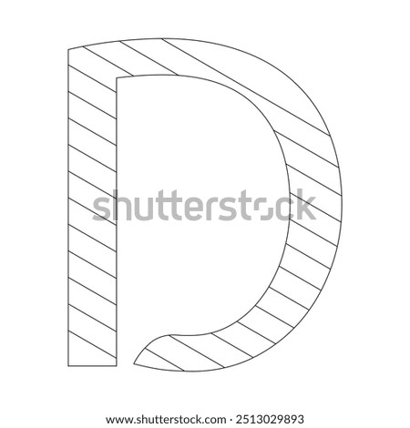 The letter D filled with diagonal stripes that run from the top left to the bottom right corner. Kindergarten letter worksheets, coloring the letter D, with various colors as you wish.