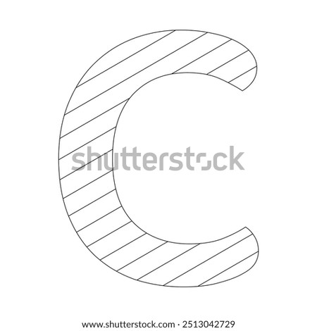 The letter C filled with diagonal stripes that run from the top left to the bottom right corner. Kindergarten letter worksheets, coloring the letter C, with various colors as you wish.