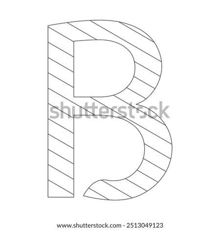 The letter B filled with diagonal stripes that run from the top left to the bottom right corner. Kindergarten letter worksheets, coloring the letter B, with various colors as you wish.