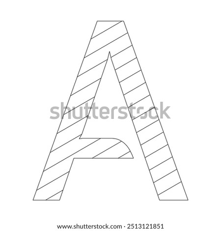 The letter A filled with diagonal stripes that run from the top left to the bottom right corner. Kindergarten letter worksheets, coloring the letter A, with various colors as you wish.