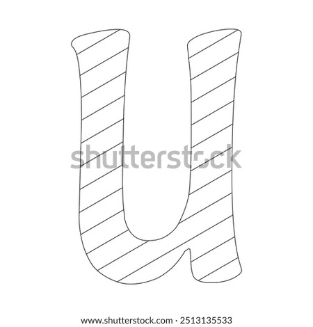 The letter U filled with diagonal stripes that run from the top left to the bottom right corner. Kindergarten letter worksheets, coloring the letter U, with various colors as you wish.