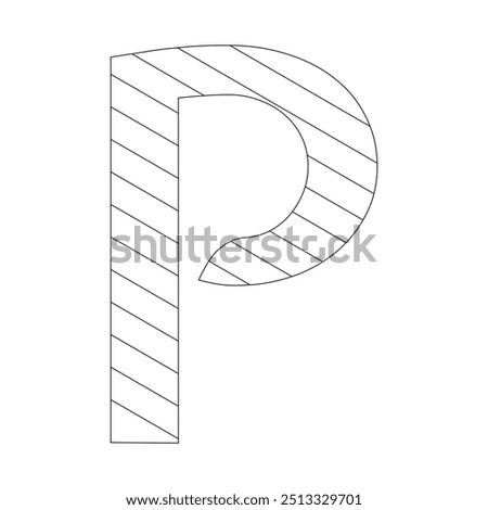 The letter P filled with diagonal stripes that run from the top left to the bottom right corner. Kindergarten letter worksheets, coloring the letter P, with various colors as you wish.