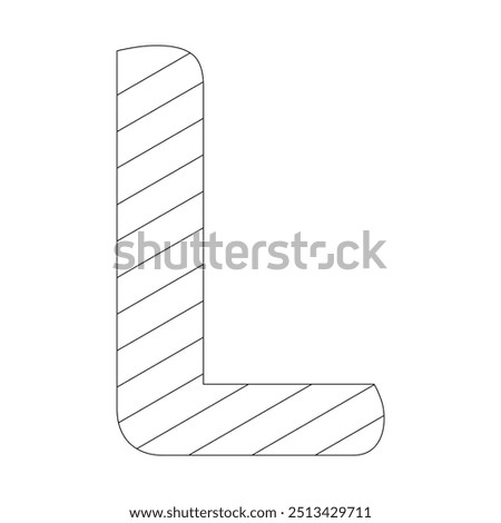 Letter L filled with diagonal stripes running from the top left to the bottom right corner. Kindergarten letter worksheets, coloring the letter L, with various colors as you wish.