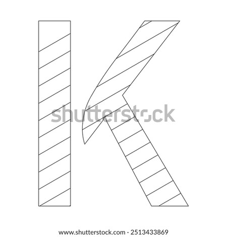 Letter K filled with diagonal stripes running from the top left to the bottom right corner. Kindergarten letter worksheets, coloring the letter K, with various colors as you wish.