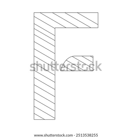 Letter F filled with diagonal stripes running from the top left to the bottom right corner. Kindergarten letter worksheets, coloring the letter F, with various colors as you wish.