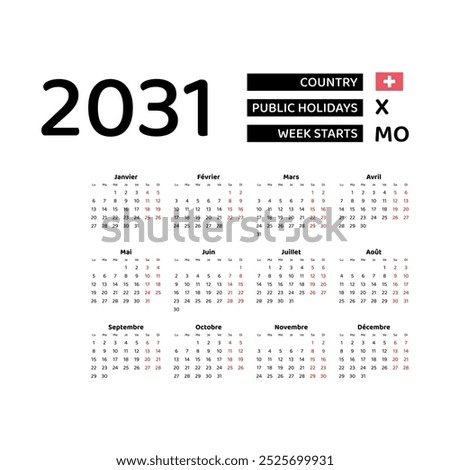 Calendar 2031 French language with Switzerland public holidays. Week starts from Monday. Graphic design vector illustration.