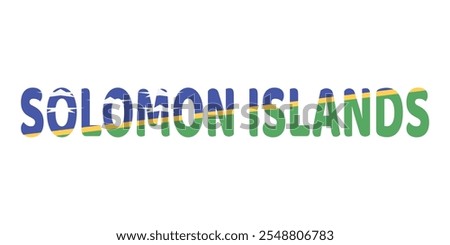 The country name SOLOMON ISLANDS is displayed in large, bold letters. Each letter is filled with the colors and symbols of the Solomon Islands flag.