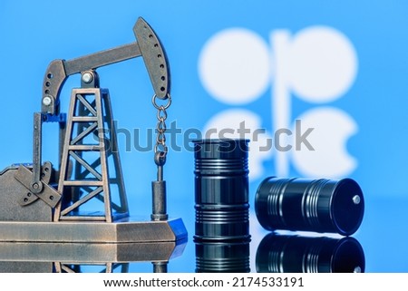 Petroleum, petrodollar and crude oil concept : Pump jack and flag of OPEC or Organization of Oil Exporting Countries, depicting the investment in the development or production of global oil industry. Stockfoto © 