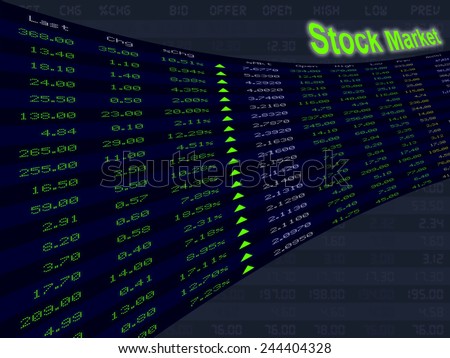 a large display of stock market price and quotation during the bull market period, shares up, economic upturn