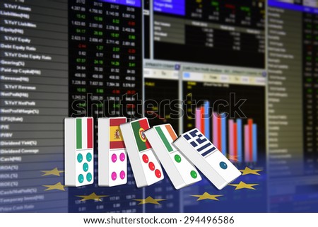 Five dominoes of EU countries that seem to have financial problem, stand upright in front of the display of financial instruments for stock market quantitative analysis including short financial page.