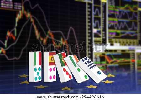 Five dominoes of EU countries that seem to have financial problem, stand upright in front of the display of financial instruments for stock market technical analysis including Bollinger band analysis.