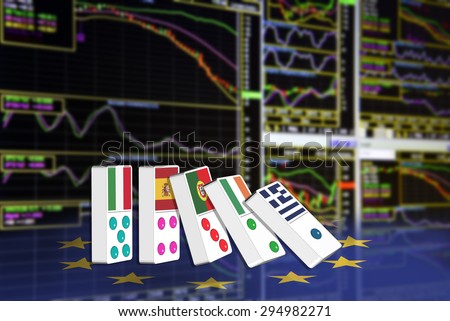 Five dominoes of EU countries that seem to have financial problem, stand upright in front of the display of financial instruments for stock market technical analysis.