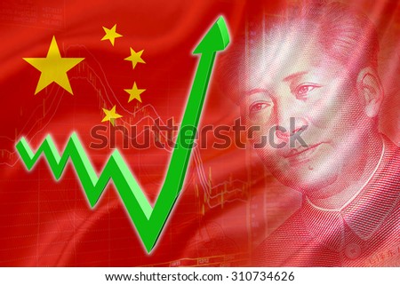 Flag of China with a chart of financial instruments and the face of president Mao Zedong on RMB (Yuan) 100 bill. A green arrow indicates the stock market enter booming or recovering period.