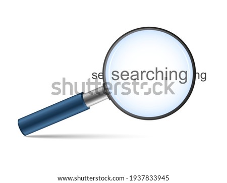 A magnifying glass with a blue handle and searching text