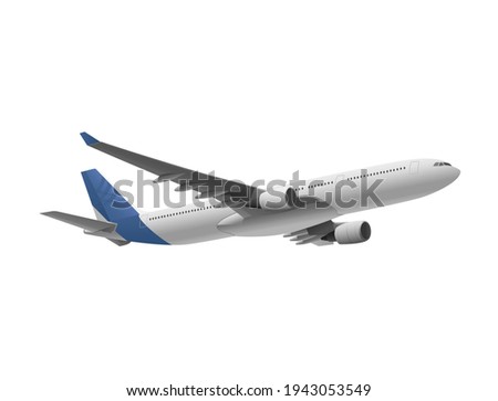 Airplane with blue tail flying over white background