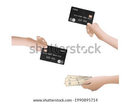 Illustration of online payment via debit and credit cards or offline with direct currency
