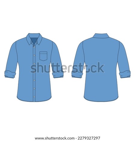 Blue long sleeve shirt rolled up half. Flat illustration of men's collared shirt with pockets isolated on white