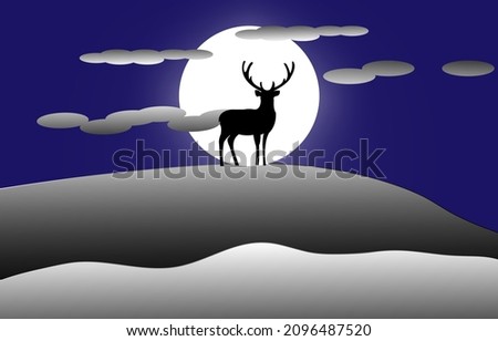 in the night of the full moon A deer stands on a snowy slope looking for a mate, in cold weather. eyes staring carefully vector illustration