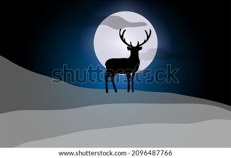 in the night of the full moon A deer stands on a snowy slope looking for a mate, in cold weather. eyes staring carefully vector illustration