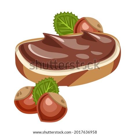 Piece of bread with cream. Chocolate butter. Hazelnuts. Vector illustration.