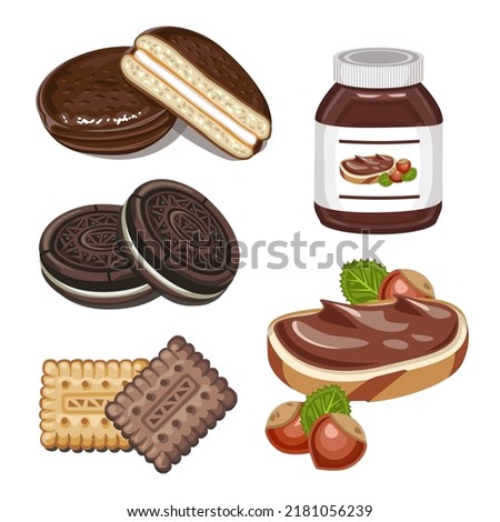 A sweet set of cakes and cookies. Sandwich with chocolate paste.