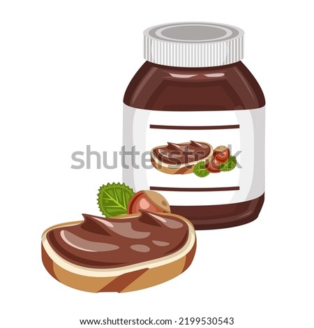 Pot with chocolate butter and piece of bread. Vector