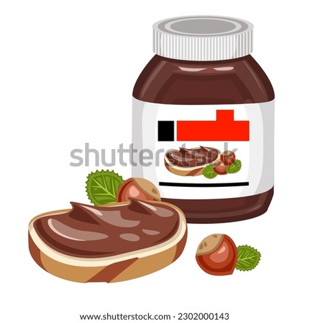 Pot with chocolate butter and piece of bread. Nuts butter. Packaging, bottle. Vector