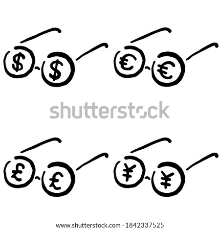 Eyeglasses with Currency Signs: Doodle Icon, Hand drawn vector Icon like woodblock print