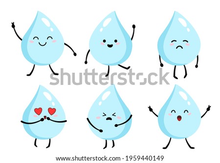 a fun drop set with cute faces. drops with different emotions. water drops with different characters. isolated on a white background set vector illustration.