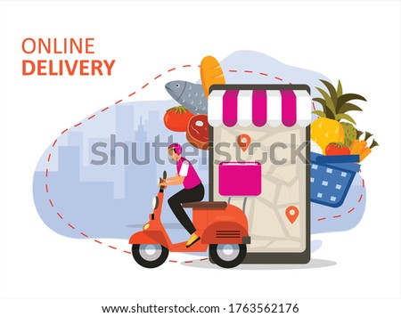 Online Grocery Delivery Motorcycle Taxi Rider Or Driver Illustration Vector Wear Purple T-shirt And Helmet Riding Scooters With City Building Silhouette Background