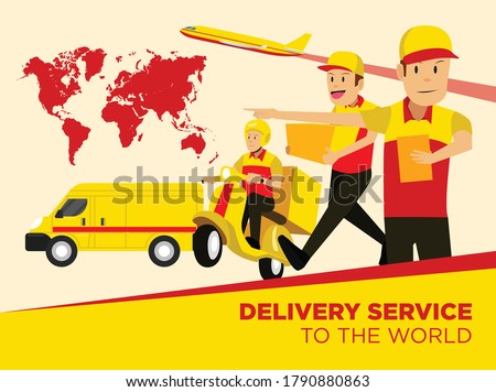Delivery Service to the world. Vector color illustration with world map, delivery van, airplane, and motorcycle  .Web banner or flyer concept.