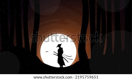 silhouette of a samurai in the night background. Japanese samurai warrior with a sword. Samurai walpaper. japan theme background. full moon walpaper.