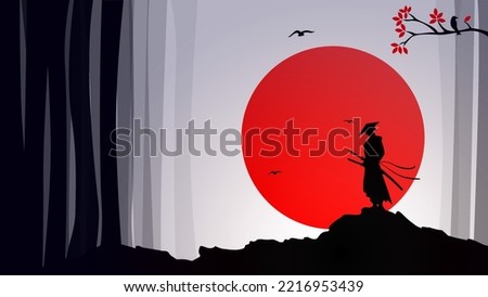 samurai with two swords walpaper. samurai background. Japanese samurai with a sword. red moon. silhouette of a samurai in the night background. japanese theme.