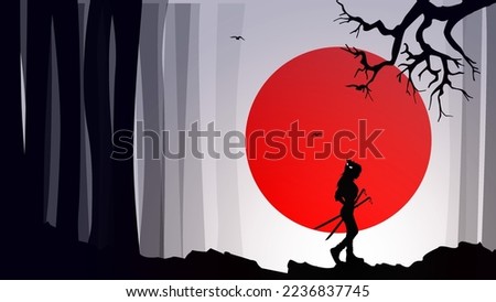silhouette of a samurai in the night background. oni mask. Japanese samurai warrior with a sword. Woman Samurai with red moon walpaper. japanese theme walpaper.