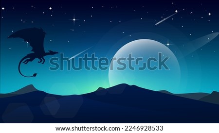 fantasy wallpaper with mythological animal. flying dragon walpaper. fantasy walpaper for desktop. blue sky in night background.