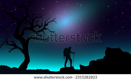 A Man hiking in the mountains with backpack. Purple night sky HD wallpaper. starry night sky. Adventurous man hiker. Traveler with walking sticks. hiking silhouette vector.