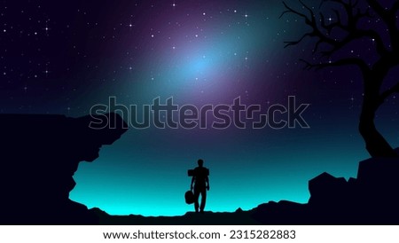 Adventurous man hiker. Purple night sky HD wallpaper. A Man hiking in the mountains with backpack. starry night sky. Traveler with walking sticks. hiking silhouette vector.