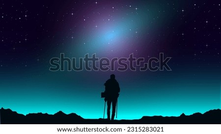 A Man hiking in the mountains with backpack. Adventurous man hiker. Purple night sky HD wallpaper. starry night sky. Traveler with walking sticks. hiking silhouette vector.