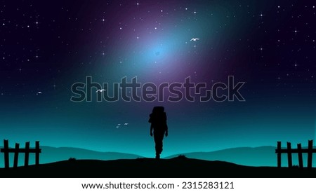 Adventurous man hiker. A Man hiking in the mountains with backpack. Purple night sky HD wallpaper. Traveler with walking sticks. hiking silhouette vector. starry night sky.