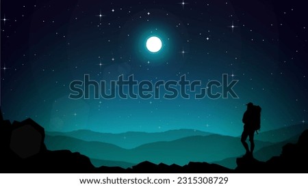Adventurous man hiker. A Man hiking in the mountains with backpack. starry night sky. blue night sky HD wallpaper. hiking silhouette vector. 