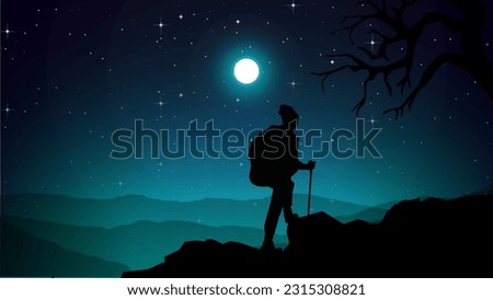 Adventurous man hiker. A Man hiking in the mountains with backpack. blue night sky HD wallpaper. hiking silhouette vector. starry night sky.