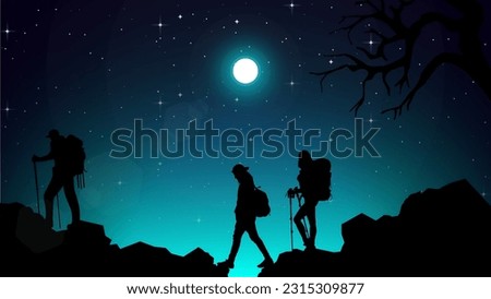 Travelers with backpack. silhouette of a people in the mountains. a Man hiking in the mountains with backpack. Adventurous hiker. blue night sky HD wallpaper. starry night sky.