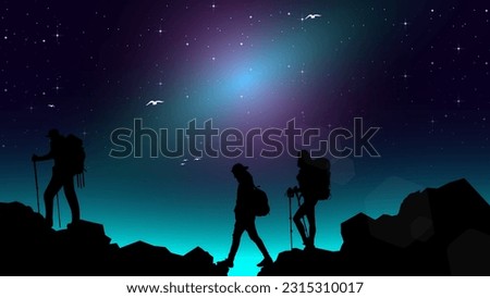 Travelers with backpack. silhouette of a people in the mountains. a Man hiking in the mountains with backpack. Adventurous hiker. Purple night sky HD wallpaper. starry night sky.
