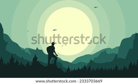 Travelers climb with backpack and travel walking sticks, silhouette of a person in the mountains, a man with backpack for hiking silhouette vector, a Man hiking in the mountains with backpack