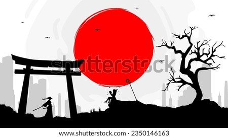 samurai versus witch. witch read the book. red moon illustration background. ronin. samurai wallpaper in torii gate.