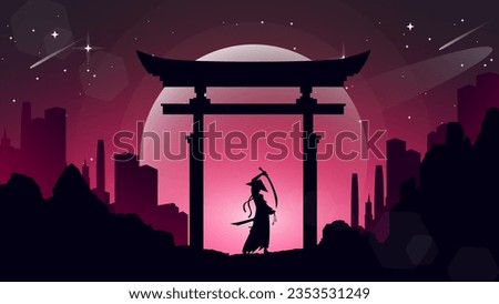 Japanese samurai with torii gate background. Japanese cyberpunk samurai. samurai girl illustration. samurai girl anime wallpaper. landscape fantasy wallpaper. fantasy background.