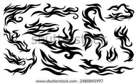 Flame decal. tribal fire symbol design. fire flame vector illustration. Tribal fire vinyl stickers for transportation. Burning element with curves for vehicle. y2k gothic flame stickers.