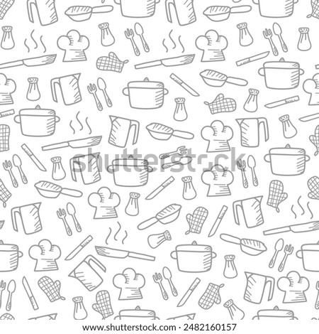 Kitchen utensils seamless pattern background. kitchen set seamless pattern background. hand drawn doodle of kitchen set pattern background. Doodle illustrations of cooking utensils seamless pattern.